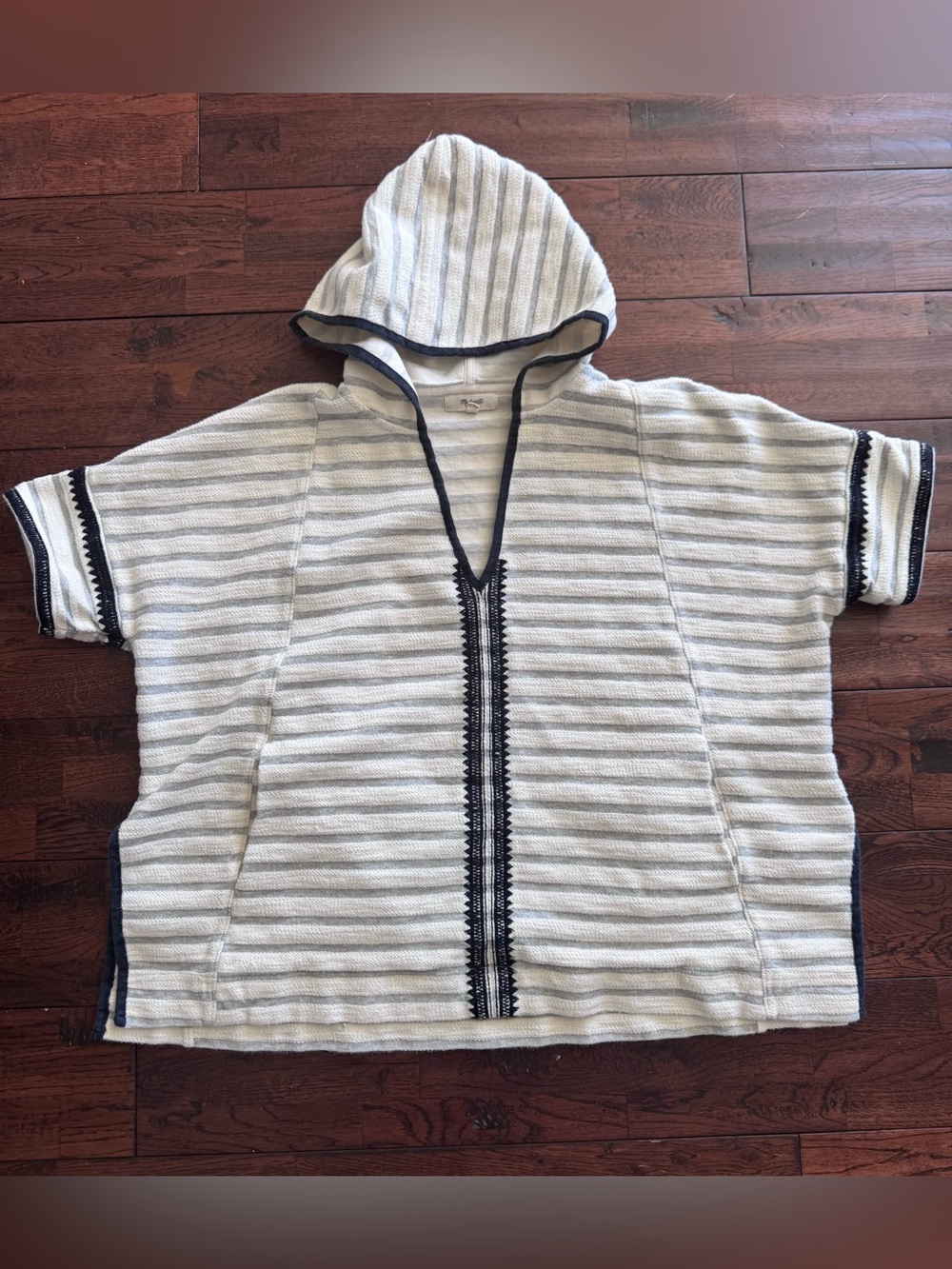 Madewell Beachy Striped Hooded Cotton Poncho with Navy Trim Coverup-Pullover